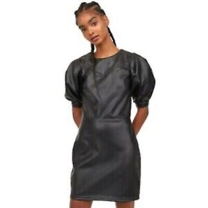 H&M Black Faux Leather Puff Sleeve A-Line Sheath Dress SZ Small
